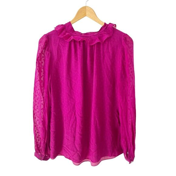 Kate Spade Fuchsia Purple 100% Silk Tie Neck Ruffle Dot Pattern Blouse - Picture 2 of 7